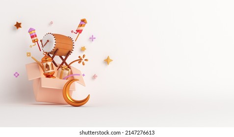 Islamic decoration background with bedug drum, crescent, lantern, gift box, ramadan kareem, mawlid, iftar, isra  miraj, eid al fitr adha, muharram, copy space text area, 3D illustration. - Powered by Shutterstock