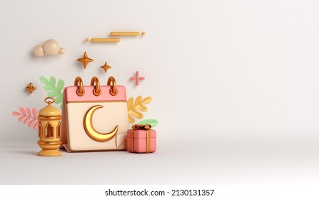 Islamic decoration background with calendar, crescent moon, lantern, gift box cartoon style, ramadan kareem, mawlid, iftar, isra  miraj, eid al fitr adha, muharram, copy space, 3D illustration.