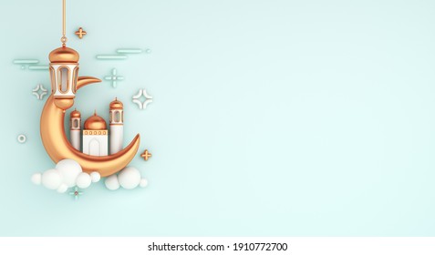 Islamic Decoration Background With Crescent Moon Mosque, Lantern Cartoon Style, Ramadan Kareem, Mawlid, Iftar, Isra  Miraj, Eid Al Fitr Adha, Muharram, Copy Space Text Area, 3D Illustration.