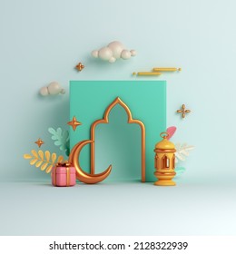 Islamic Decoration Background With Crescent Moon Mosque, Window, Lantern Cartoon Style, Ramadan Kareem, Mawlid, Iftar, Isra  Miraj, Eid Al Fitr Adha, Muharram, Copy Space, 3D Illustration.
