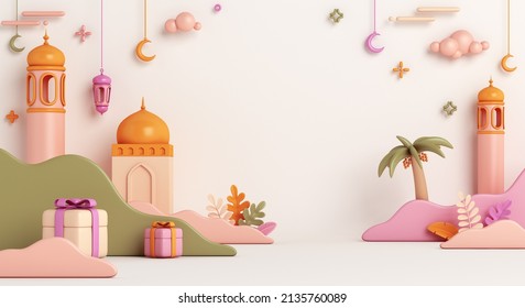 Islamic decoration background with crescent moon, lantern, gift box, leaves cartoon style, ramadan kareem, mawlid, iftar, isra  miraj, eid al fitr adha, muharram, copy space, 3D illustration. - Powered by Shutterstock