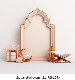 Islamic decoration background with crescent moon mosque, window, Koran, lantern cartoon style, ramadan kareem, mawlid, iftar, isra miraj, eid al fitr adha, muharram, copy space, 3D illustration. Islamic decoration background with crescent moon mosque, window, Koran, lantern cartoon style, ramadan kareem, mawlid, iftar, isra miraj, eid al fitr adha, muharram, copy space, 3D illustration.
