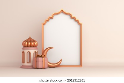 Islamic decoration background with empty arabic window frame, lantern, crescent, gift box, ramadan kareem, mawlid, iftar, isra  miraj, eid al fitr adha, muharram, copy space text, 3D illustration.