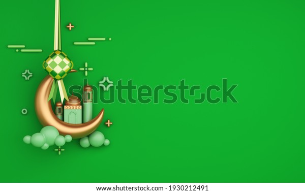 Islamic decoration background with ketupat,\
lantern crescent mosque cartoon style, ramadan kareem, eid al fitr,\
copy space text area, 3D\
illustration.