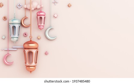 Islamic Decoration Background With Lantern And Crescent Cartoon Style, Ramadan Kareem, Mawlid, Iftar, Isra  Miraj, Eid Al Fitr Adha, Muharram, Copy Space Text Area, 3D Illustration.