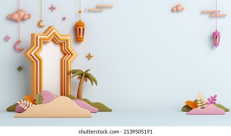 Islamic Decoration Background With Lantern, Crescent Moon, Window, Leaves Cartoon Style, Ramadan Kareem, Mawlid, Iftar, Isra  Miraj, Eid Al Fitr Adha, Muharram, Copy Space, 3D Illustration.