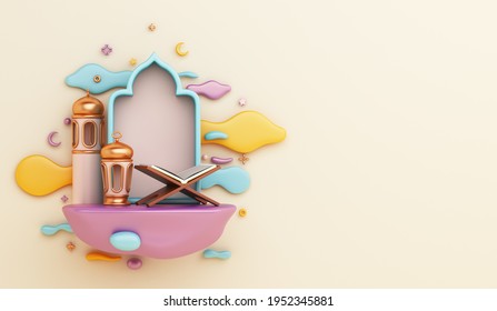 Islamic Decoration Background With Quran Lantern, Cloud Cartoon Style, Ramadan Kareem, Mawlid, Iftar, Isra  Miraj, Eid Al Fitr Adha, Muharram, Copy Space Text Area, 3D Illustration.