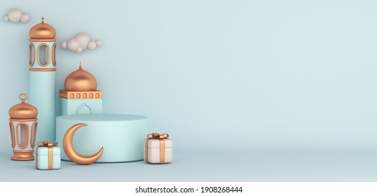 Islamic Display Podium Decoration Background With Mosque, Lantern, Crescent Cartoon Style, Ramadan Kareem, Mawlid, Iftar, Isra  Miraj, Eid Al Fitr Adha, Muharram, Copy Space Text, 3D Illustration.