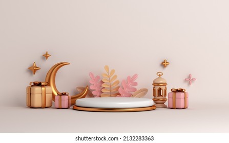 Islamic display podium decoration background with lantern and crescent cartoon style, ramadan kareem, mawlid, iftar, isra  miraj, eid al fitr adha, muharram, copy space text area, 3D illustration.