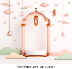 Islamic display podium decoration background with window, lantern, crescent cartoon style, ramadan kareem, mawlid, iftar, isra  miraj, eid al fitr adha, muharram, 3D illustration.