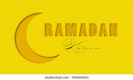 Islamic Holy Month Of Ramadan Kareem Concept With Paper Cutout Text And Creative Illustration Of Crescent Moon. Yellow Theme Illustration.