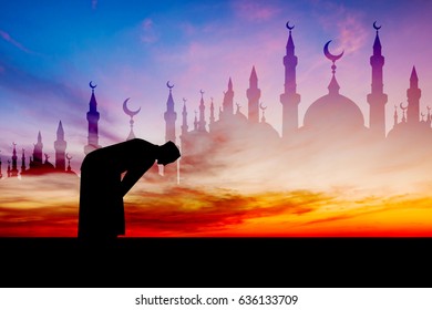 Islamic Man Praying Muslim Prayer In Twilight Time