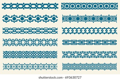 Islamic Ornaments Link Seamless Decorative Borders. Set Of Border Pattern In Islamic Style, Illustration Of Ornament Borders