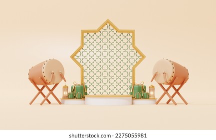 Islamic ramadan and eid background with empty podium 3d drums and gift boxes