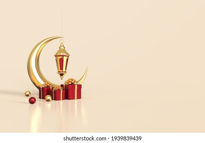 Islamic Ramadan Greeting Background With Arabic Lantern, Crescent Moon And Gift Box - 3d Rendering