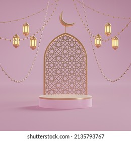 Islamic Realistic Decorative Pink And Gold Podium Background For Product Placement 3d Render  