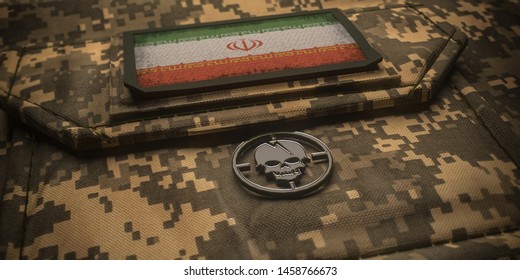 Islamic Republic Of Iran Army Chevron On Ammunition With National Flag. 3D Illustration