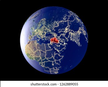 Islamic State from space on model of planet Earth with city lights. Very fine detail of the plastic planet surface and cities. 3D illustration. Elements of this image furnished by NASA.