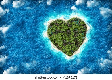 The Island In The Shape Of A Heart With A Bird's Eye View. Holidays On A Desert Island