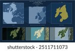 Islay Island in the Inner Seas off the West Coast of Scotland - belonging to United Kingdom. Described location diagram with yellow shape of the island and sample maps of its surroundings