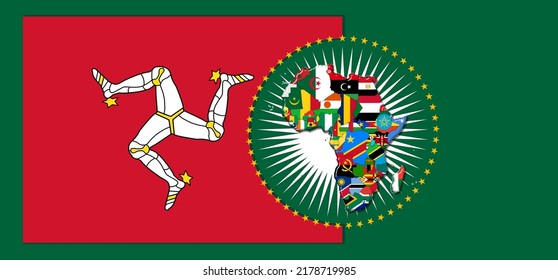 Isle of Mann flag with map and flags of the African World -3D illustration