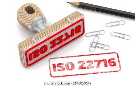 ISO 22716. The stamp and an imprint. The seal stamp and red imprint ISO 22716 on a white surface. ISO 22716 - Good Manufacturing Practices for Cosmetics. 3D illustration