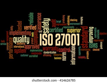 ISO 27001 - Information Security Management, Word Cloud Concept On Black Background.