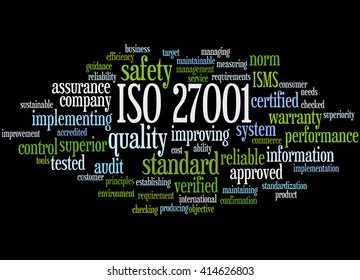 ISO 27001 - Information Security Management, Word Cloud Concept On Black Background.