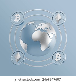 Isolate crypto currencies turn around globe on blue background. coin floating include bitcoin btc, ethereum eth with world for currency exchange concept, 3d render illustration - Powered by Shutterstock