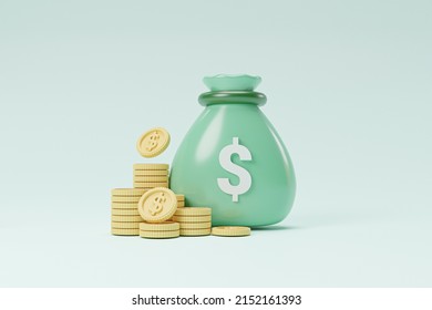 Isolate Of Green Dollar Money Bag With Golden Coin Stacking For Financial Saving  , Dividend And Deposit Concept By 3d Render Illustration.