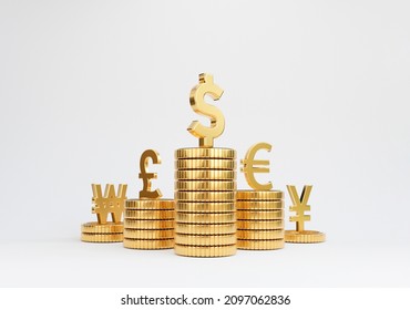 Isolate of main currency on golden coin stacking include dollar euro pound sterling yen yuan and won on white background for currency exchange concept by 3d rendering.