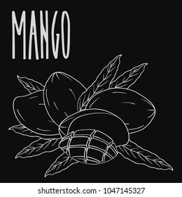 Isolate Ripe Mango Fruit As Chalk On Blackboard. Close Up Clipart In Chalkboard Style. Hand Drawn Icon. Raster Version Of Illustration