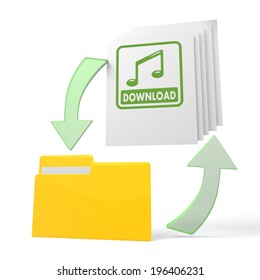 isolated 3d file folder with music download sign on documents with symbol for upload and download