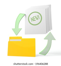 isolated 3d file folder with new sign on documents with symbol for upload and download