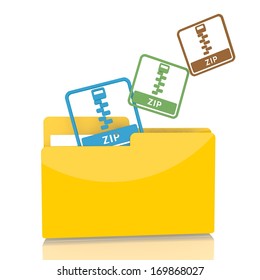 isolated 3d file folder with three zip file sign flying into it