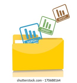 isolated 3d file folder with three report symbol flying into it