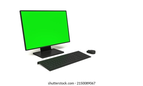 Isolated 3D Illustration Of Green Computer Screen With Mouse And Keyboard On White Background With Room For Text.