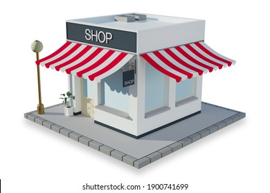 Isolated 3D Illustration Of Small Shop With Nice Red And White Awning