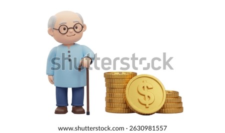 Isolated 3D Render of an Elderly Man with Coins, Representing Retirement Savings