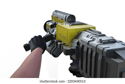 Isolated 3d Render Illustration Of First Person View Shooter Game Arms Holding Futuristic Gun Or Rifle On White Background.