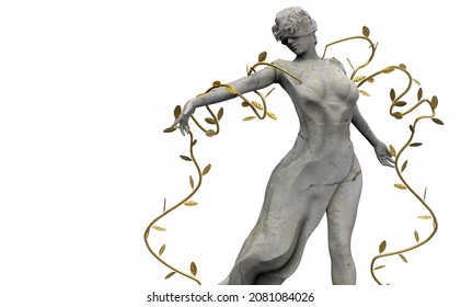 Isolated 3d Render Illustration Of Marble Greek Nature Nymph Goddess Statue With Golden Leafs Standing In Dancing Pose On White Background.