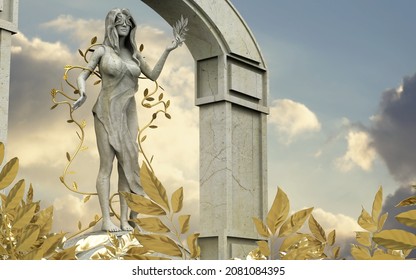 Isolated 3d Render Illustration Of Marble Greek Nature Nymph Goddess Statue Standing In Golden Leaf Garden With Stone Arch Background.