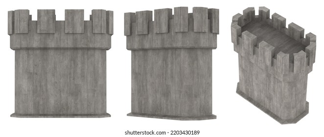 Isolated 3d Render Illustration Of Medieval Castle Or Fortress Wall Tower In Various Angles On White Background.