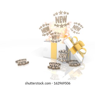 isolated 3d rendered gift on white background with glittering new symbol coming out of it