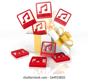 isolated 3d rendered gift on white background with glittering music download icon coming out of it