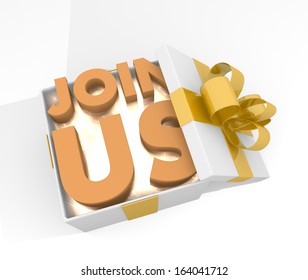 isolated 3d rendered xmas present with glittering join us icon inside seen from top with white background