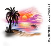Isolated airbrush vintage tropical beach scene with romantic couple on cano or boat in sunset
