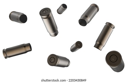 Isolated Artwork Illustration Of Various Bullet Or Ammo Shells Falling On White Background.