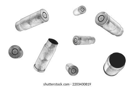 Isolated Artwork Illustration Of Various Toon Bullet Or Ammo Shells Falling On White Background.