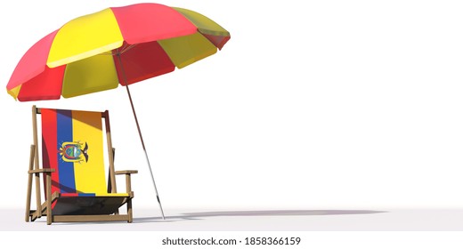 Isolated Beach Chair With Flag Of Ecuador And Big Umbrella, Travel Or Vacation Concepts.  3D Rendering